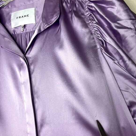 FRAME Gillian Top Silk Lilac Purple Button Front Ruched Puff Sleeve MEDIUM Satin - Picture 4 of 7